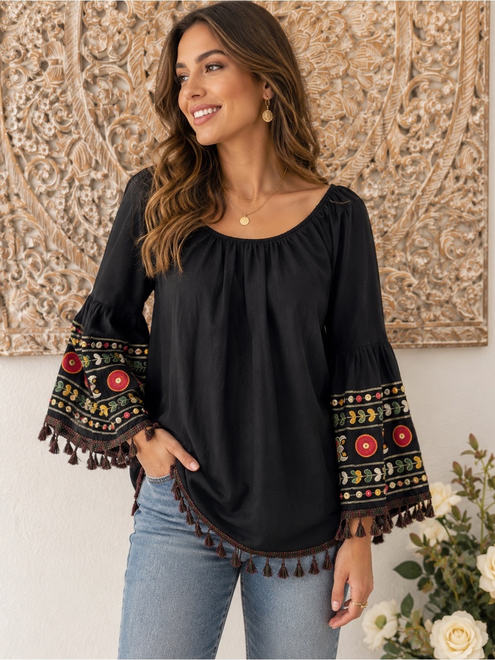Velzera Black Boho Embroidered Tassel Trim Midi Shirt Dress- size L